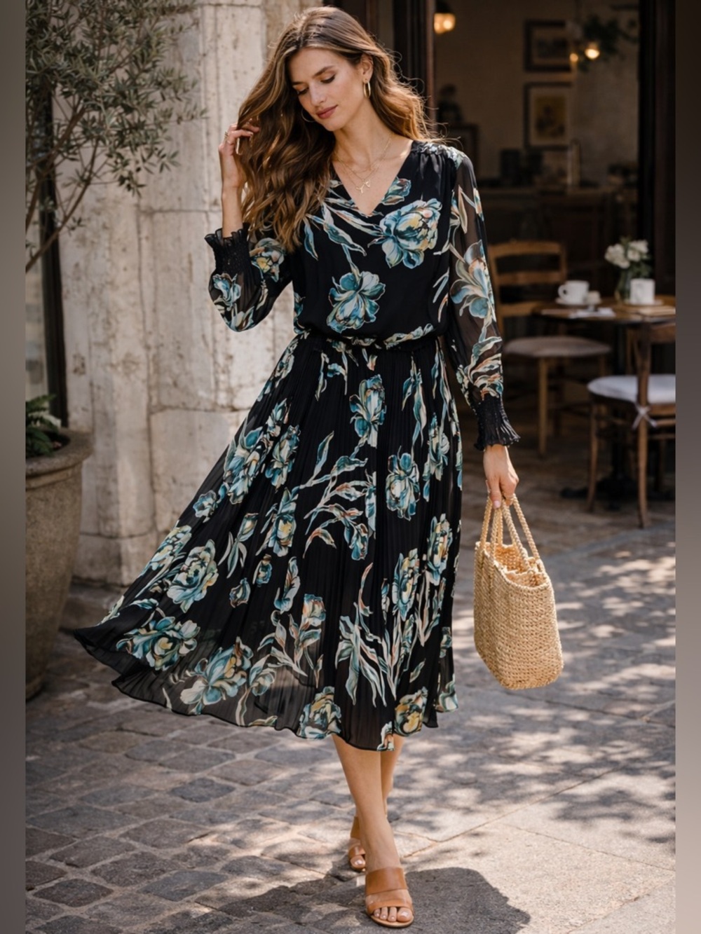 Chico’s Floral Pleated Dress Sz 1.5 (10) Black Teal Long Sleeve EUC